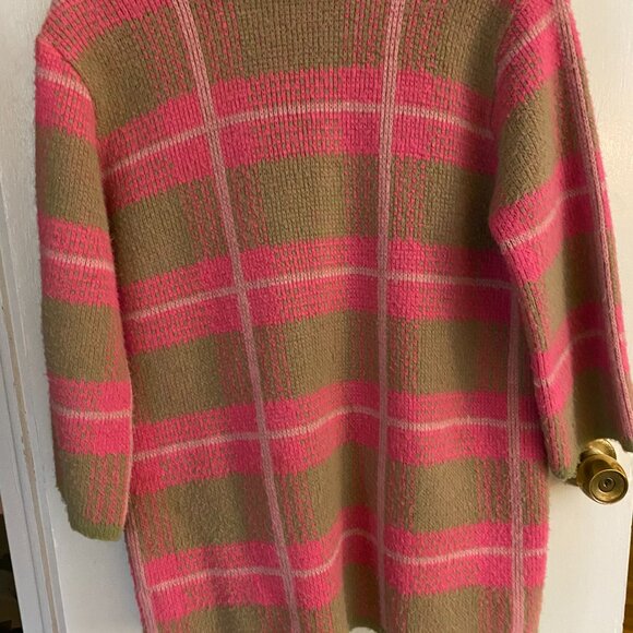 Vintage Pink Beige Plaid Wool Open Collared Pockets Cardigan Sweater - S - Picture 2 of 4